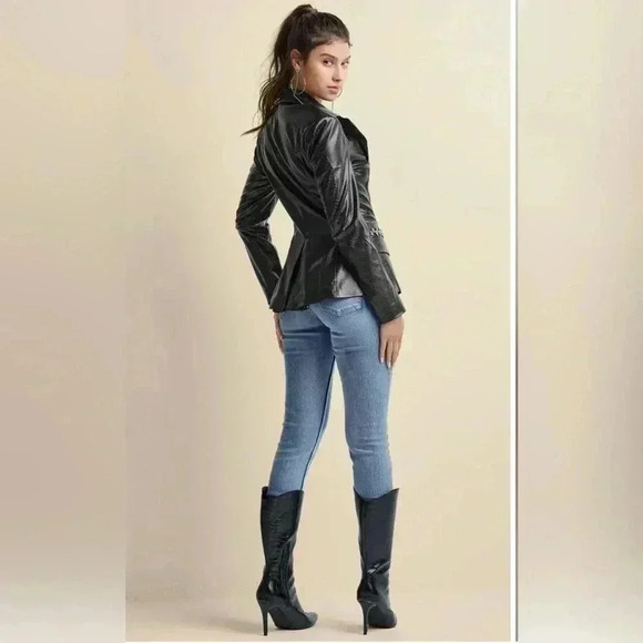 Chic Black Leather Jacket.
Snake Embossed Faux Leather Embellished Blazer - Picture 6 of 17